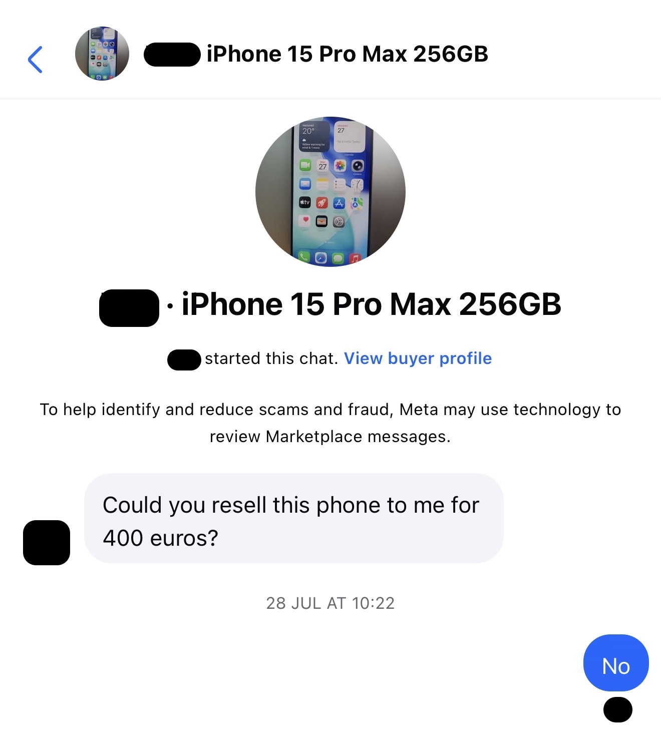 Marketplace message offering 400 euros