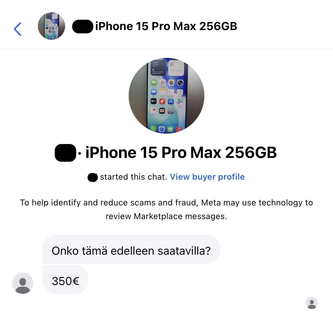 Marketplace message offering 350 euros