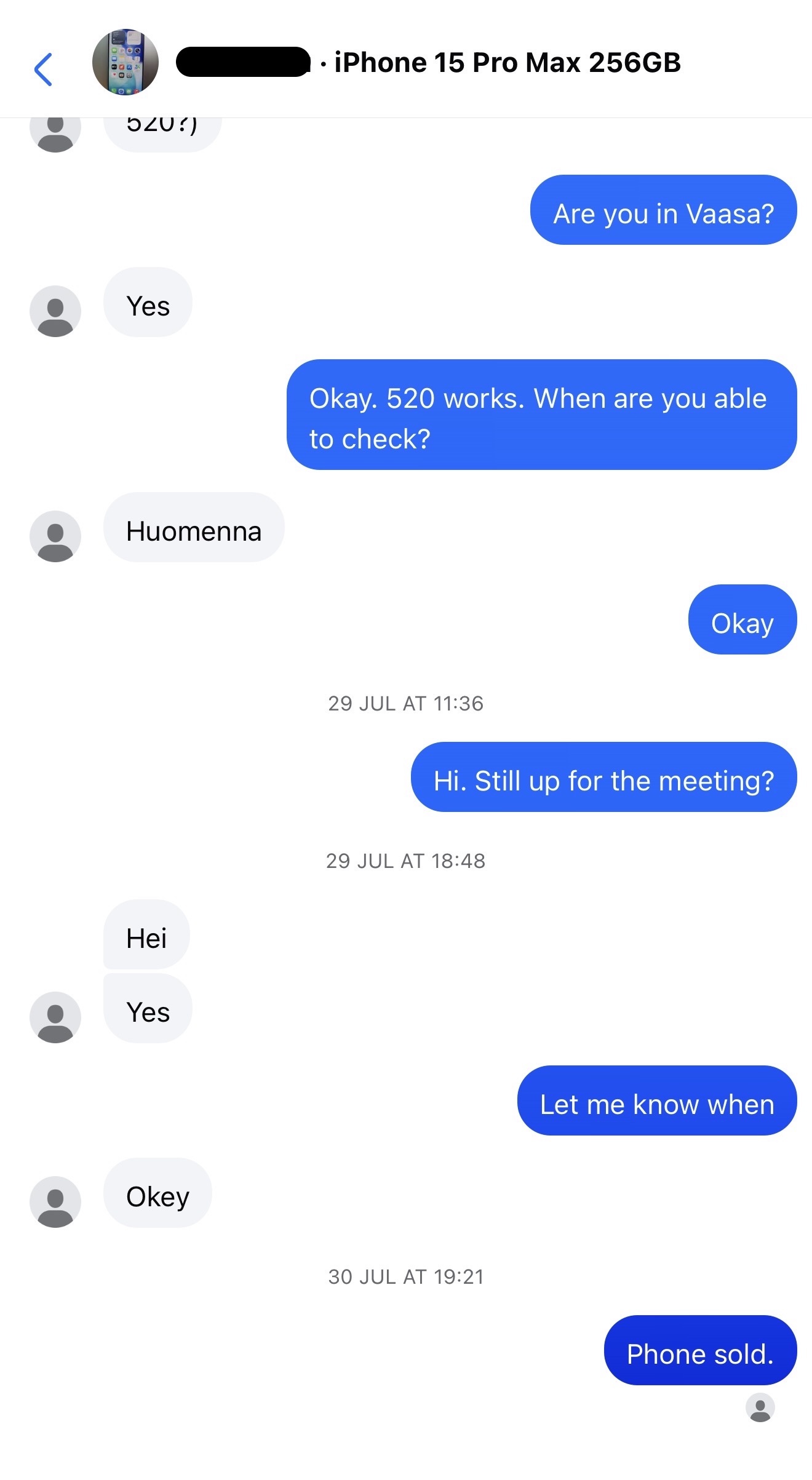 Long Marketplace negotiation ending after the phone sold