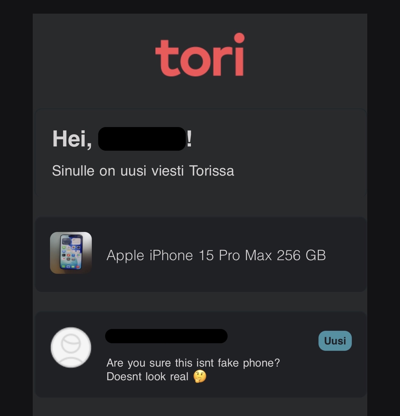 Tori message questioning whether the phone is fake