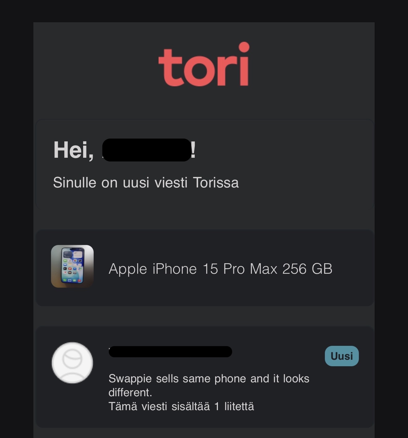 Tori message comparing the phone with Swappie and questioning its appearance